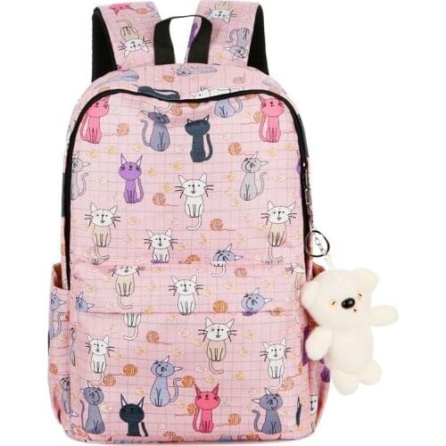Waterproof Women Backpack Polyester Bookbag Pink Cute Cat Printing Knapsack Female School Bagpack Bag for Teenage Girls Mochila