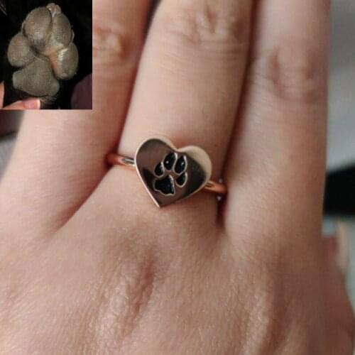 Engrave 925 Sterling Silver Pet Paw Print Heart Ring Custom Engraved Keepsake Pet Lover Memory Gift Dog Cat Print Ring Gifts
