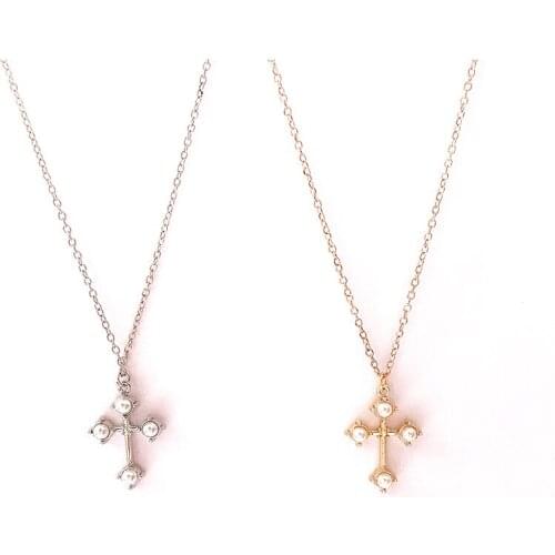 Pearl bead cross necklace metal choker chain cross crucifix pendant necklace gold fashion relijious jewelry costume jewellery