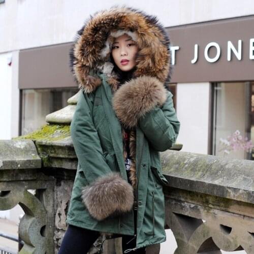 CX-G-P-21A Women Fur Parka Large Raccoon Fur Collar Rabbit Fur LiningCoat Parkas Outwear Winter Parka