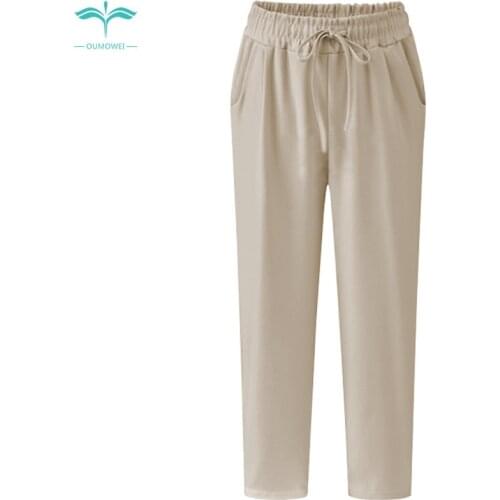 OUMOWEI Womens Trousers 2018 High Quality Fashion New Cotton And Linen Nine Pants High Waist Solid Color Loose Casual Pants