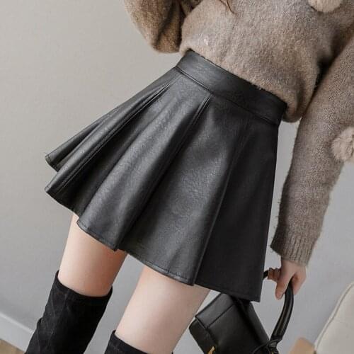 Women Black PU Leather Mini Skirts With Lining Female A Line High Waist Pleated Skirt Autumn Girl Casual Korean Sweet Bottoms