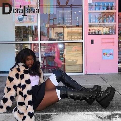 Luxury Brand Ladies Gothic Cosplay High Heels Womens Boots 2021 Platform Wedges Shoes Woman Buckle Punk Thigh High Boots Female