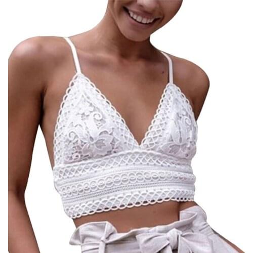 Women Spaghetti Strap Sexy V-Neck Crop Top Solid Color Crochet Floral Lace Bralette Camisole Sling Vest Basic Underwear