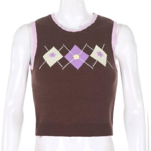 Women Vintage Knitted Sleeveless Vest Contrast Color Argyle Plaid Jacquard Sweater Preppy Style Round Neck Slim Fit Pullover Jum