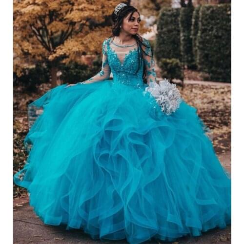 2020 Stunning Lace Beaded Quinceanera Prom Dresses Long Sleeves Tulle Beaded Sequined Ruffles Tier Skirt Junior Pageant Dress