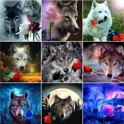 AZQSD Diamond Painting Wolf Rose Snow Winter Cross Stitch 5D Diamond Embroidery Animal Picture Of Rhinestone Home Decor Handmade