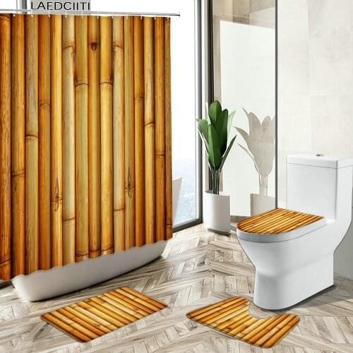Bamboo Wood Shower Curtain Zen Water Stone Plant Home Bathroom Decor Non-Slip Carpet Toilet Cover Bath Floor Mat Set Washable