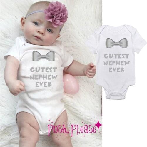 DERMSPE 0-24M Infant Newborn Baby Boy Girl Short Sleeve Letter Print Cutest Nephew Ever Romper Outfits Summer Baby White