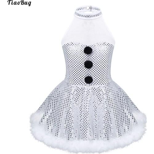 TiaoBug Kids Girls Christmas Snowman Costume Stage Performance Dance Wear Sleeveless Mesh Splice Caged Back Shiny Sequins Dress