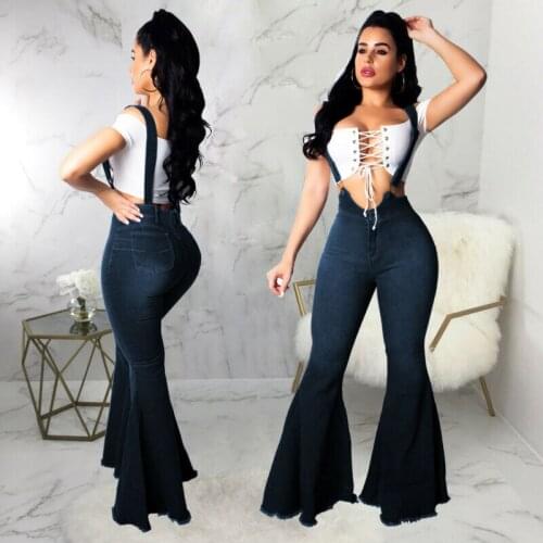 Women Casual Long Pants Suspenders Flared Trousers Bell Bottoms Denim High Waist