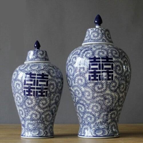 Home Blue And White Porcelain Ginger jar Chinese Character Big Pot temple jar Wedding Room Decoration Ornament ceramic jar