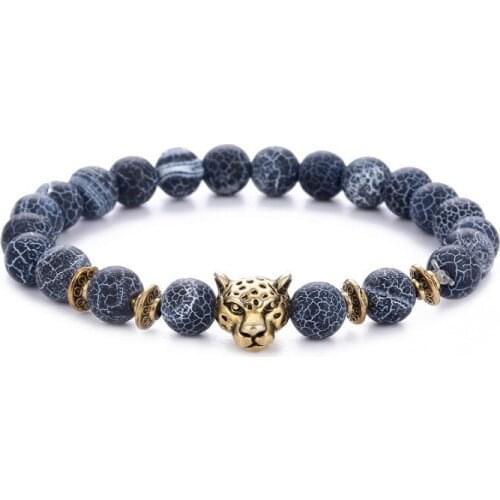 8mm elastic thread Reiki Buddha Prayer Yoga Bracelet nhj3 adjusted black weathered bead agate Leopard head Bangles