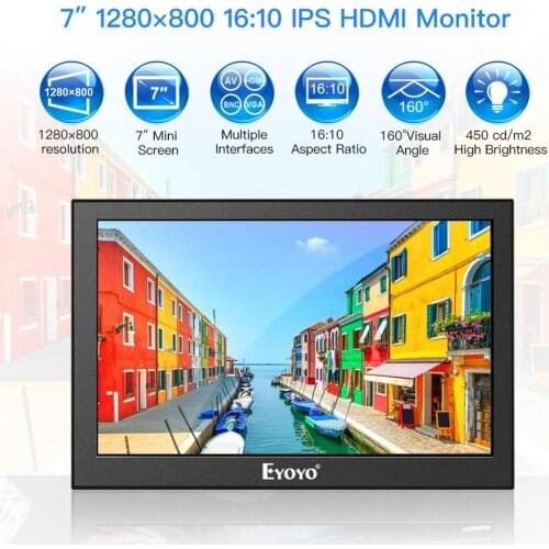 Eyoyo EM07H 7" IPS LCD Monitor 1280x800 72% NTSC PC Computer Display High brightness HDMI BNC CCTV Security Screen With VGA AV