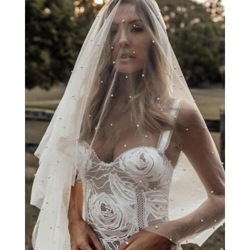 YouLaPan V05 Beautiful Long Pearl Veil 3M Bridal Veil Cathedral White Ivory Wedding Veil with Pearls Bride Accessories