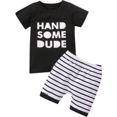 Toddler 2 Pcs Infant Summer Outfits, Baby Letter Print Short Sleeve Round Neck T-shirt + Striped/Cross-shaped Pattern Shorts
