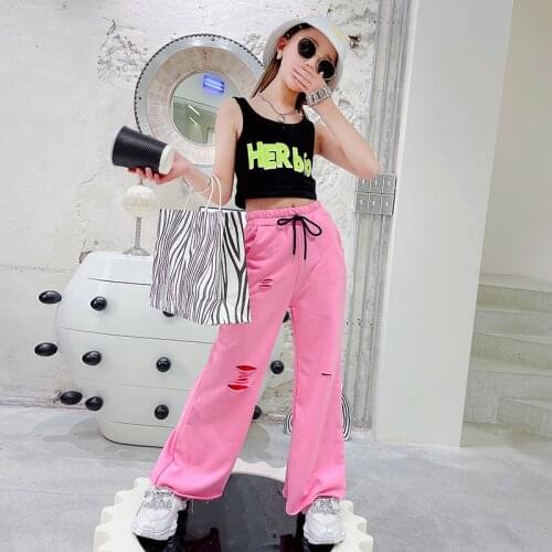 Fashion Baby Girls Clothes Summer Suits Letter Vest + Pants High Waist Loose Ripped Hole Wide-leg Casual Trousers Children dress