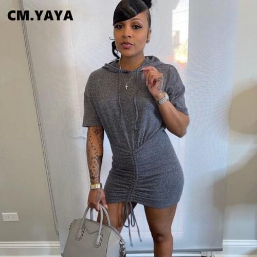 CM.YAYA Summer Solid Drawstring Ruched Women Mini Dress Casual Short Sleeve Hooded Bodycon Midi Stacked Dresses