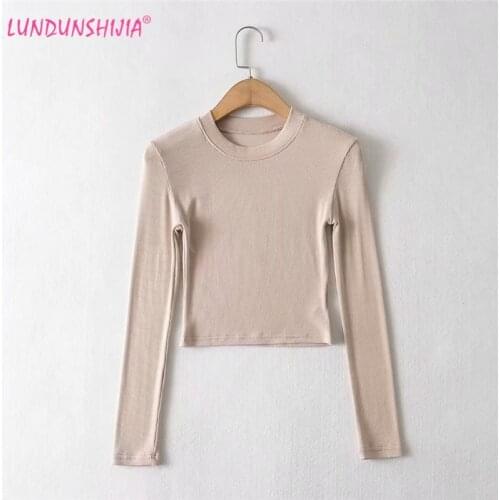 LUNDUNSHIJIA 2020 Autumn Sexy Women Clothing Tops Fit Basic Elastic Cotton Solid O-Neck Long Sleeve Female T-shirt 6 Colors