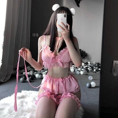 Cute Ruffles Lace Pajamas Set Ladies Kawaii Babydoll Lolita Women Soft Girl Black Cosplay Costumes White Pink Sexy Lingerie