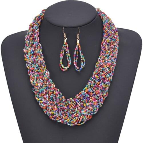 2020 Fashion Bohemia Costume Jewelry Multilayer Beads Necklace Earrings Set Long Satement Collar Choker Necklaces For Women