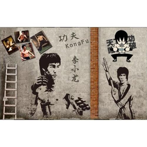 Custom mural 3d photo wallpaper Retro Bruce Lee Kung Fu Nunchaku Brick Wall decor living room wallpaper for walls 3 d in rolls