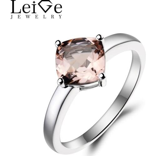 Leige Jewelry Morganite Engagement Ring Natural Pink Morganite Ring Cushion Cut Pink Gemstone 925 Sterling Silver Solitaire Ring