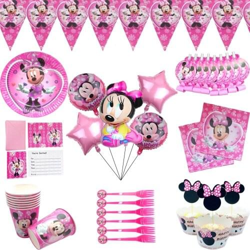 Disney Minnie Mouse party Disposable tableware paper plate cup decor baby girl favor 1st birthday party diy balloon decoration