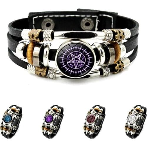 Pentagram Charms for Bracelets for Women Jewelry Witch Star Symbol Snap Button Vintage Multilayer Braided Punk Leather Bracelet
