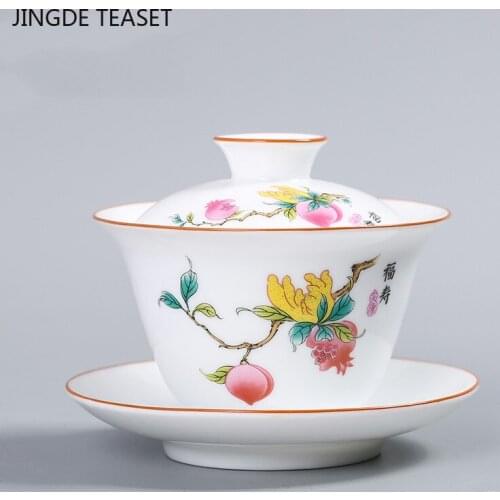 Chinese handmade Ceramic Gaiwan Teacup Hand painted flowers and birds pattern Tea tureen Teaware Accessories Drinkware 200ml
