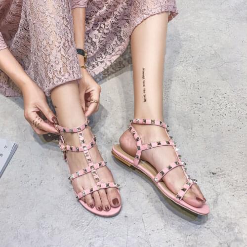 High quality fashion Buckle-strap Sandals Womens shoes Summer Sandals Gladiator Pink Studded Rivet Flat Women platform Shoes
