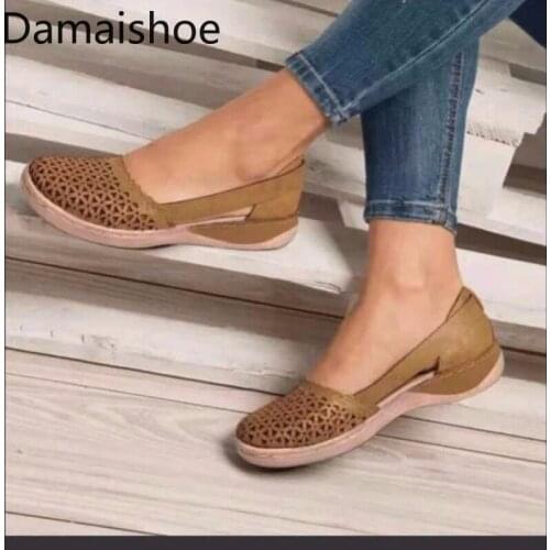 Large Size Womens Sandals 2021 Spring and Summer British Style Breathable Hollow Out Slip-on Flat Bottom Comfort Ladies Sandals