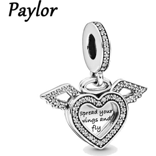 Paylor 2020 Silver Color Heart and Angel Wings Dangle Charms Fit Original Pandora Bracelets For Women DIY Jewelry Dropship