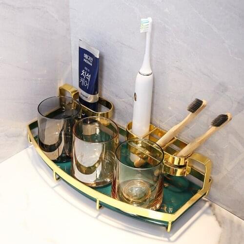 304 Stainless Steel & Ceramics Bathroom Corner Shelf Toothbrush Holder & Toothpaste Rack Desktop Storage Organization Gold