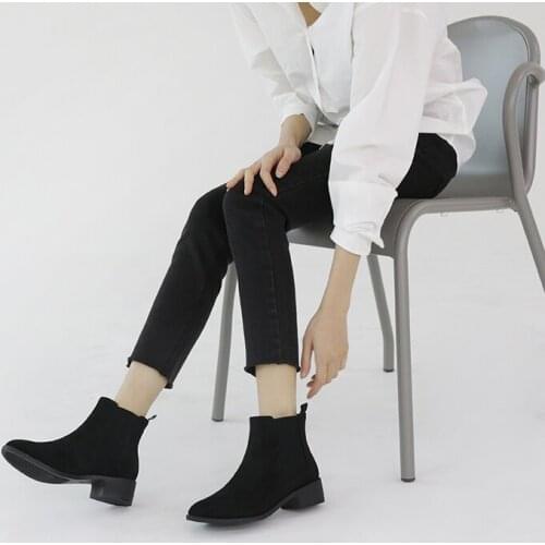 Size 33-42 Round Toe Thick Heel Short Boots Women 2020 Winter Boots Shoes Leather / Suede Fashion Nude Boots Black