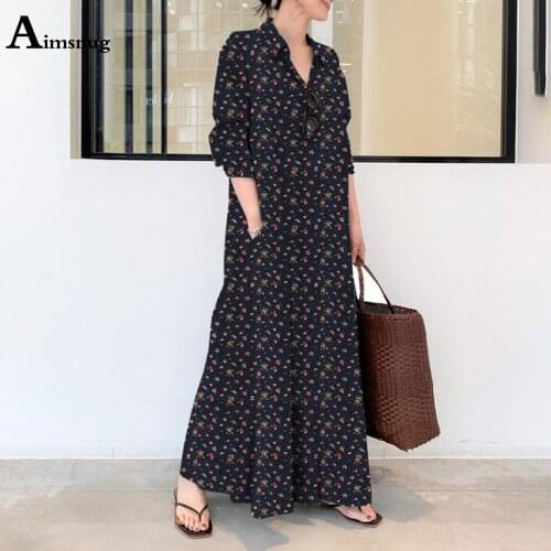 Plus size Women Elegant Long Maxi Dress Single Breasted Flower Print Dress Vintage 2021 Long Sleeve Bohemian Linen Dresses Femme