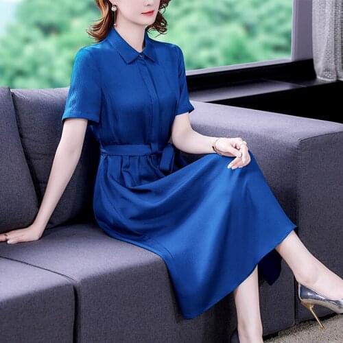 Casual Office Lady Solid Mulberry Silk Shirt Dress Summer Vintage Fashion Midi Dresses 2021 Women Elegant Bodycon Party Vestidos
