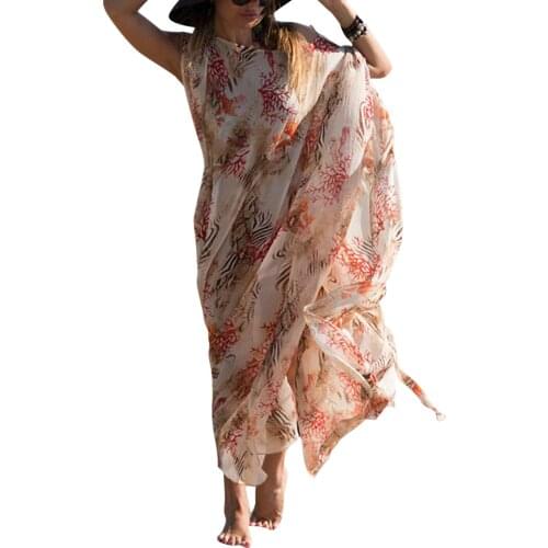 2021 Traf Womens Swimsuit Cover Ups Long Sleeve Coral Print Loose Caftan Flowy Kimono with Belt