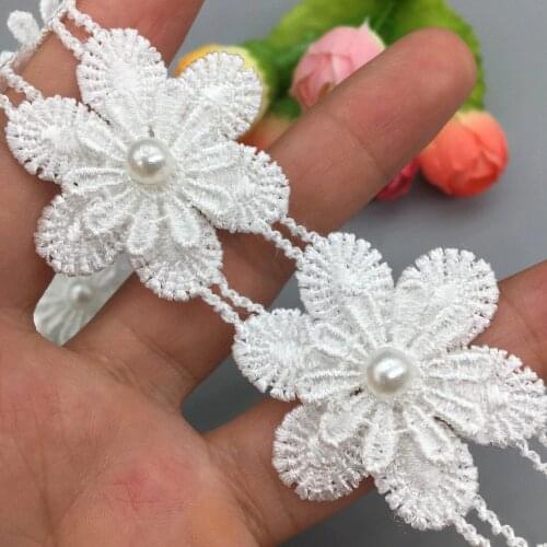 20x Vintage White 3D Snowflake Pearl Lace Trim Fabric Ribbon Applique Sewing Patch Craft DIY Headband Wedding Dress