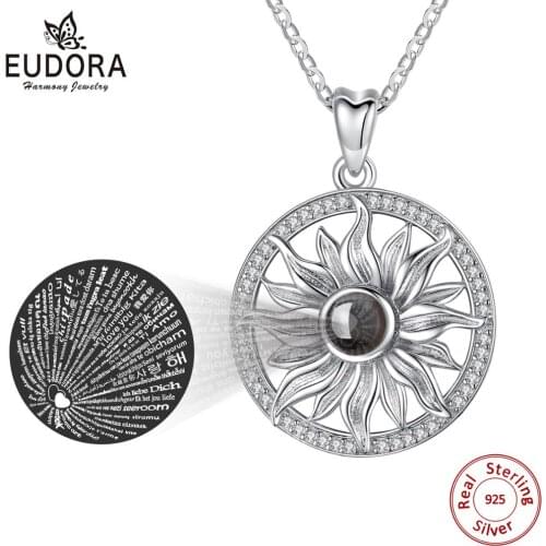 Eudora 925 Sterling Silver I Love You Necklace 100 Language Necklace Love Memory Projection Pendant sunflower Necklace for Women