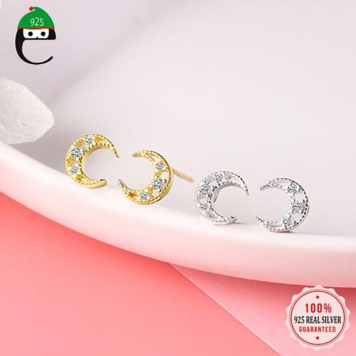 ElfoPlataSi Real 925 Sterling Silver Fashion Moon Shiny CZ Charm Stud Earring For Women Wedding Party Fine F925 Jewelry DA118