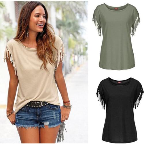 Tassel T Shirt Fringe Tshirt Women O Neck Short Sleeve Black Green Casual Roupas Feminina Femme Tee Solid 2019 Fashion Clothes