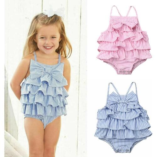 Lioraitiin 0-18M New Fashion Newbron Kids Baby Girls Ruffle Stripe Bow Outfits Summer Bow Romper Cotton Outfits