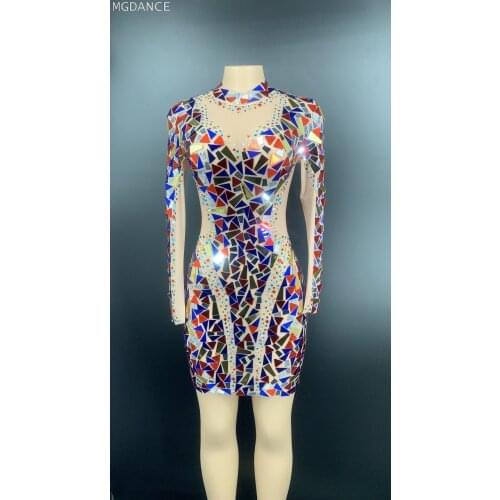 Flashing Multi-color Rhinestones Mirror Transparent Short Dress Birthday Celebrate Outfit Women Dancer Sequin Dresses