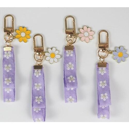 Fashion Elegant Purple Ribbon Keychain Holder Simple Flower Keyring Korean Car Bag Ornament Headset Pendant Charm Accessories