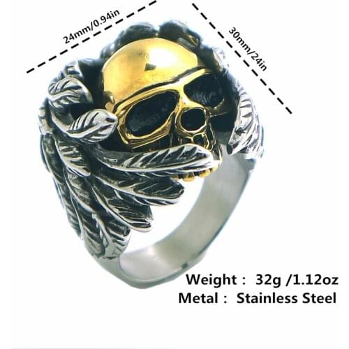 Newest Mens Boys 316L Stainless Steel Cool Feather Classic Skull Ring