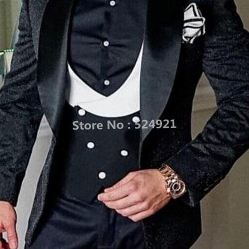 New Arrival Men Suits Shiny Black and White Groom Tuxedos Shawl Lapel Groomsmen Wedding Best Man ( Jacket+Pants+Vest+Tie ) C956