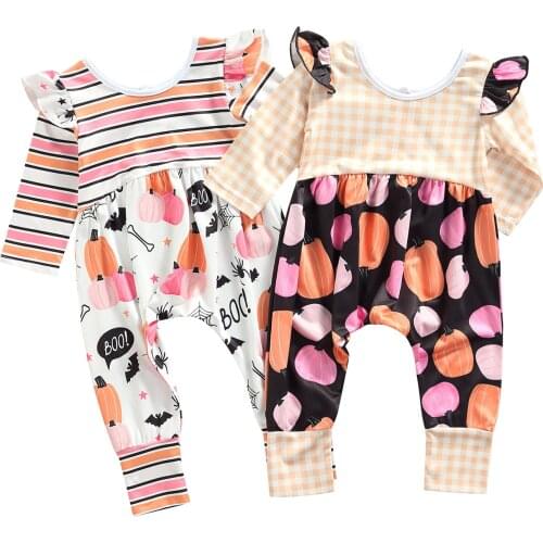 Citgeett Autumn Halloween Infant Baby Girls Boys Pumpkin Plaid Print Long Sleeves Romper Casual Jumpsuit Clothes