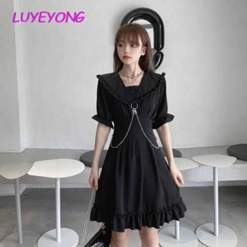 Punk Dark Goth Mini Lady A-line Dresses Solid Black Gothic Plus Size Girl Dress Ruffles Metal Long Chain Korean Fashion Cloth