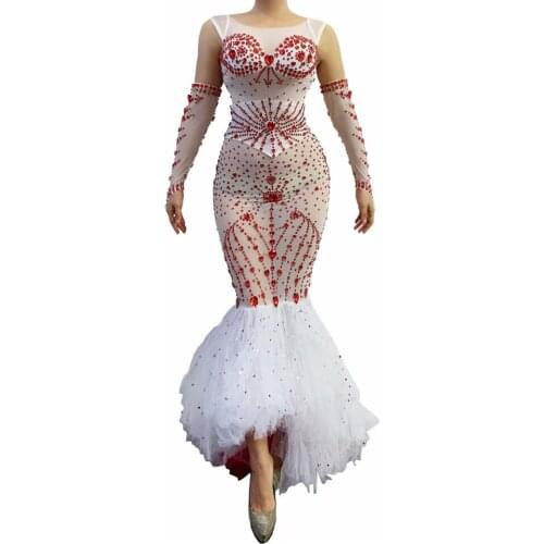 Sexy White Mesh Transparent Mermaid Long Dress With Gloves Women Wedding Party Prom Rhinestone Dress Singer Dancer Stage Outfits